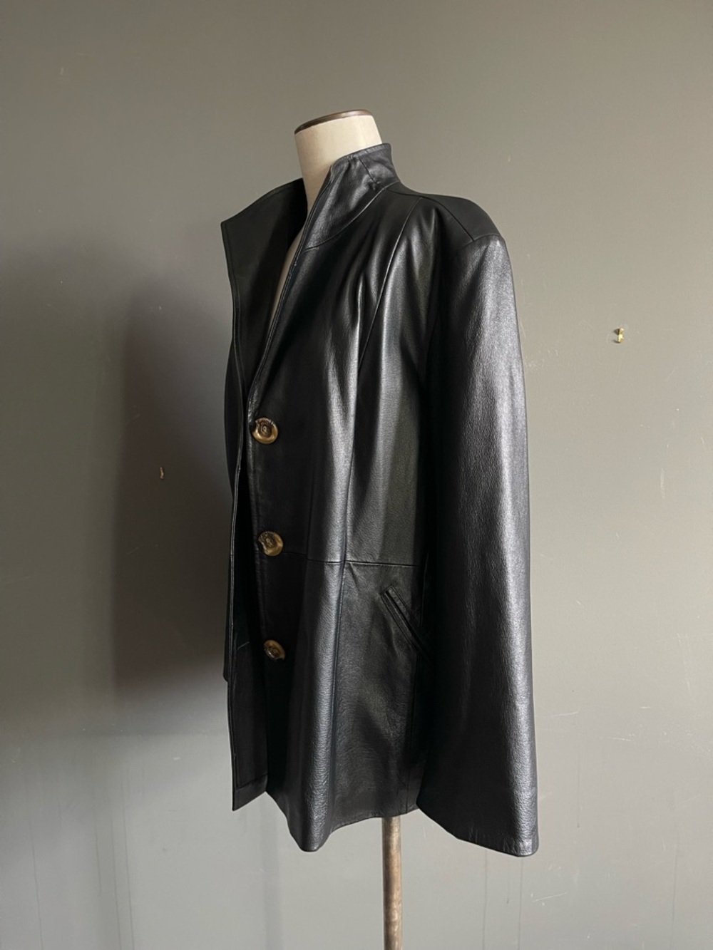 Terry Lewis Black Leather Jacket Minimal Oversized Blazer Coat Luxe Parisian - Picture 5 of 11